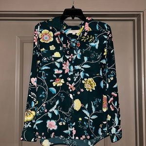 Loft green floral polyester button down blouse